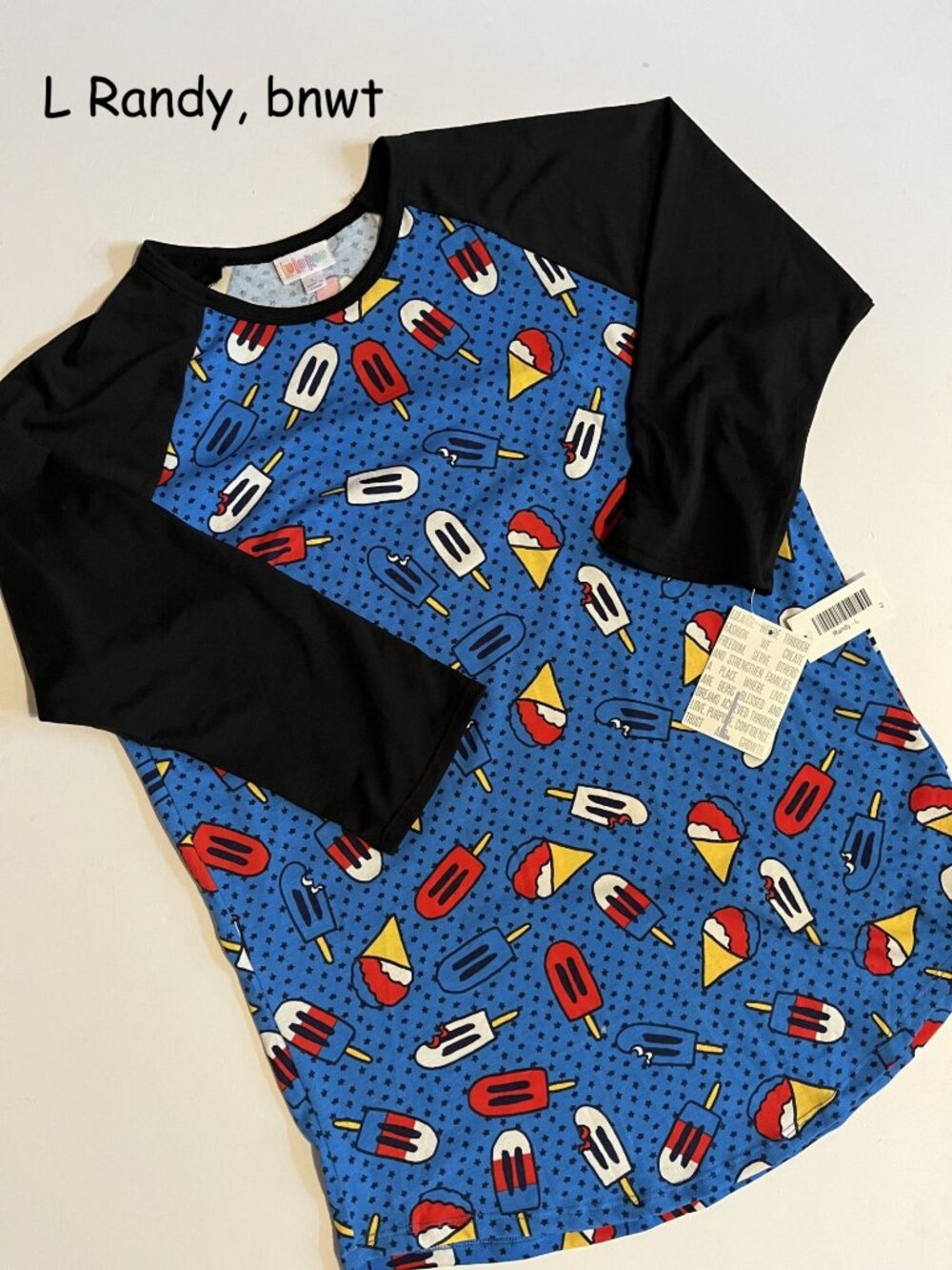 Large Lularoe Randy unisex jersey, Americana, blue with popsicles, snow cones